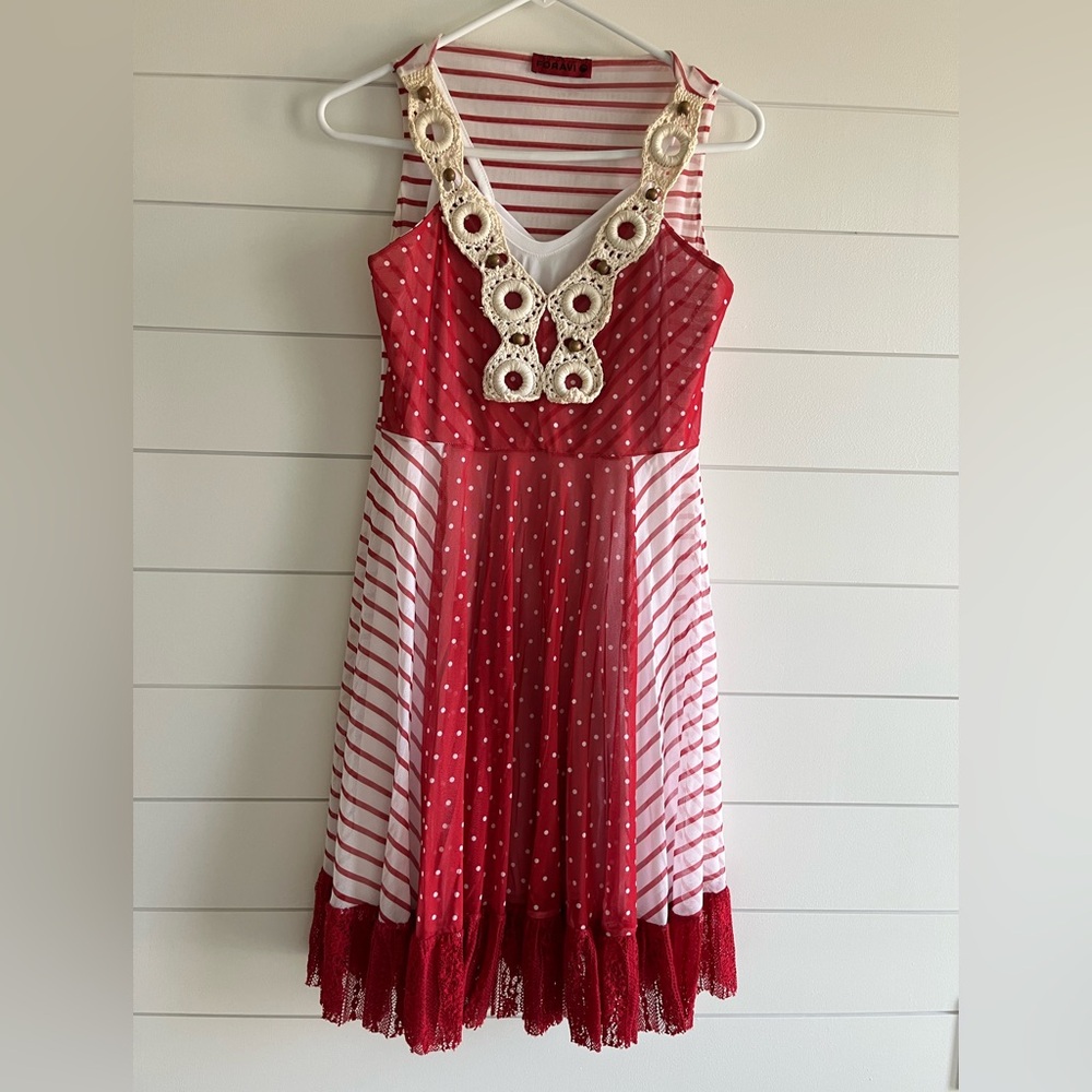 Red and White Polka Dot Dress with Crochet Detail size S